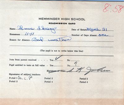 High School Readmission Card