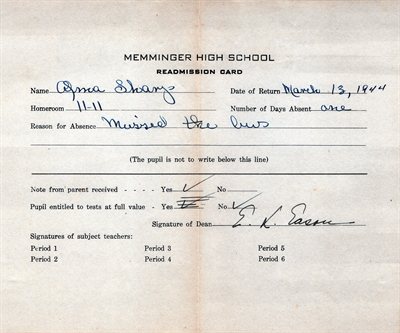 High School Readmission Card
