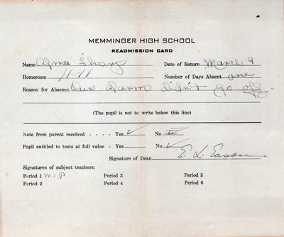 High School Readmission Card