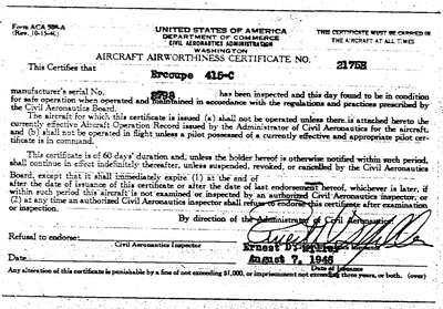 FAA Document for the Bell Family's First Aeroplane